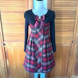 Gothic Lolita Punk EGL Gyaru Himekaji Black Red Plaid Wool Blend Dress w/ Bow M